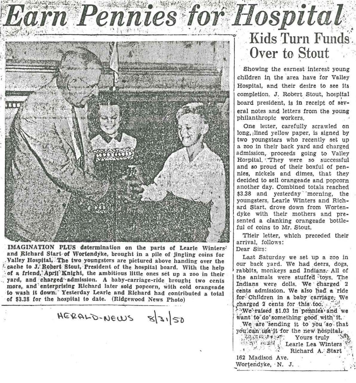 Newspaper clipping of children collecting pennies for The Valley Hospital
