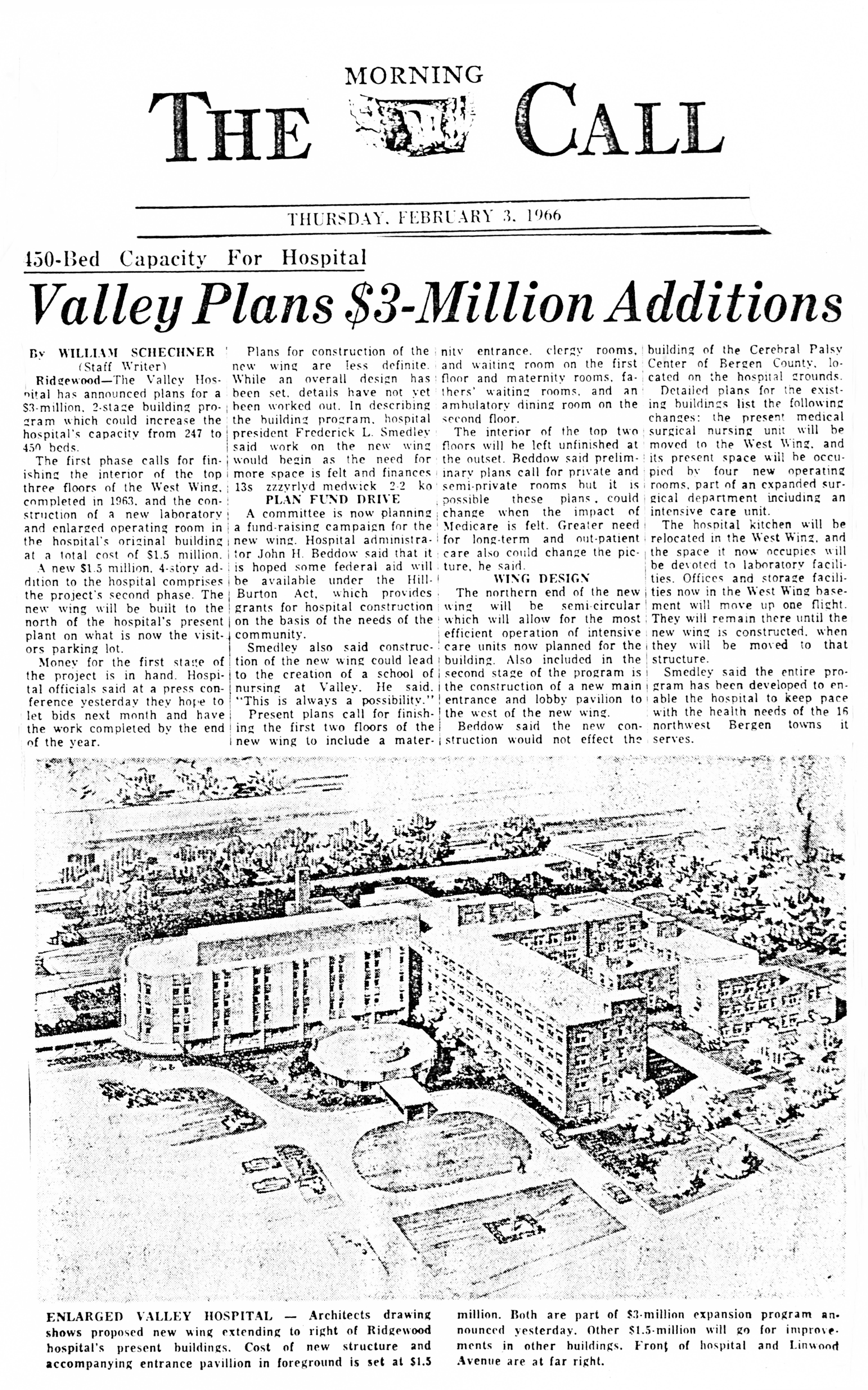 Newspaper article detailing The Valley Hospital expansion plan in 1966
