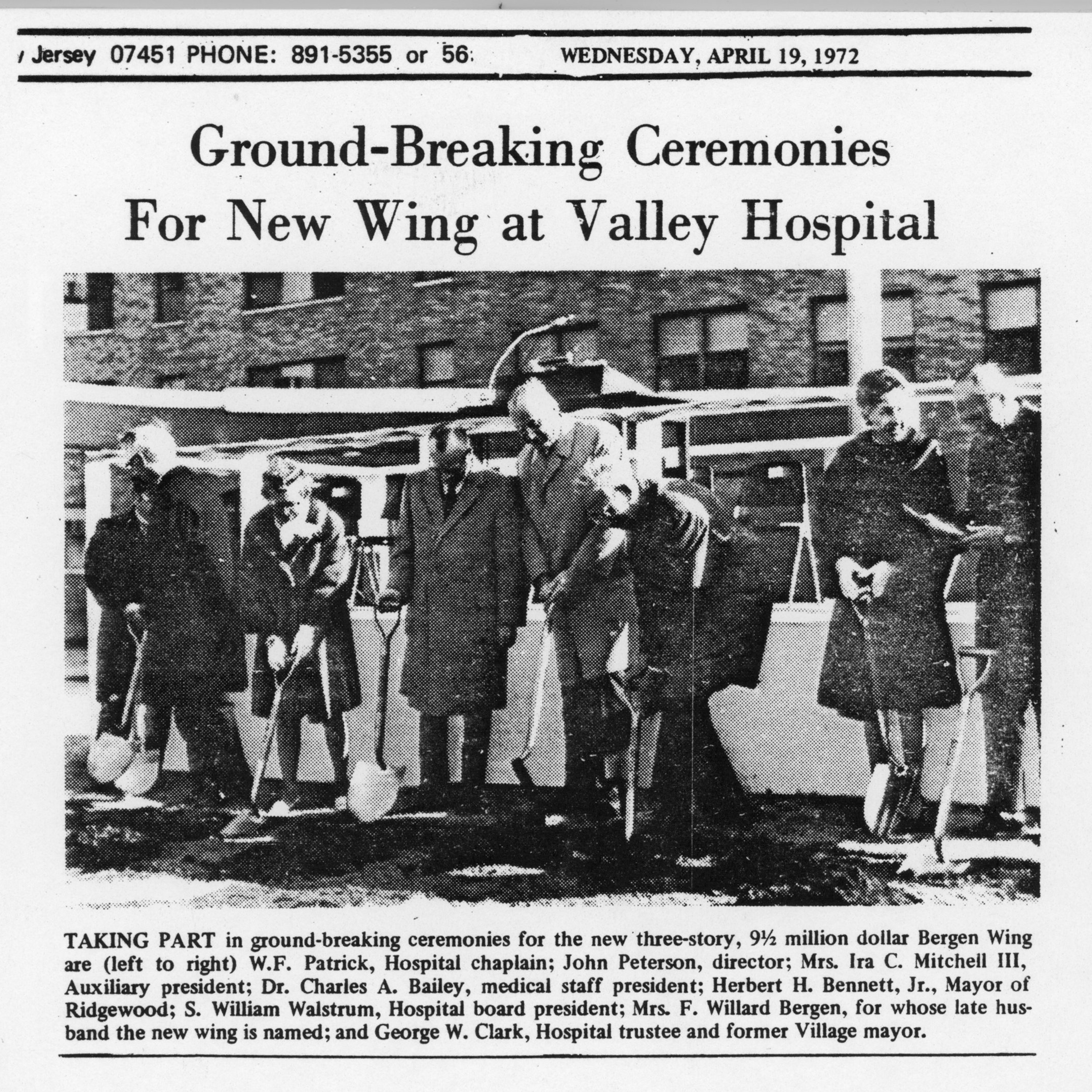 newspaper article highlighting ground-breaking ceremony for new wing at The Valley Hospital.
