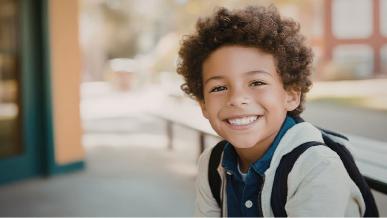 little boy smiling wearing a backpack