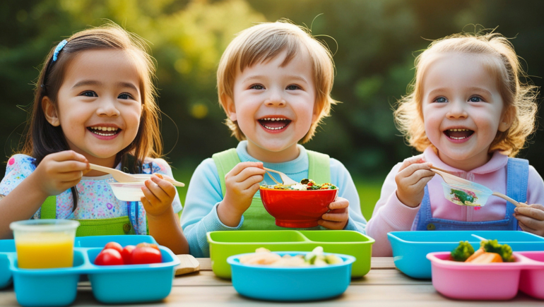 children eating food outside together and smiling