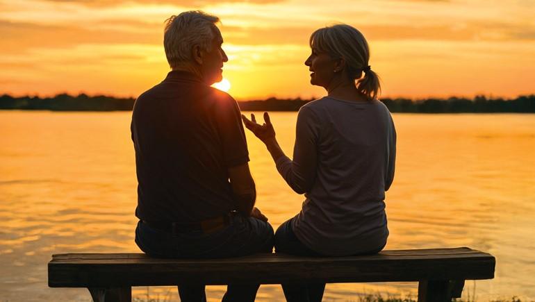 senior couple talking at sunset