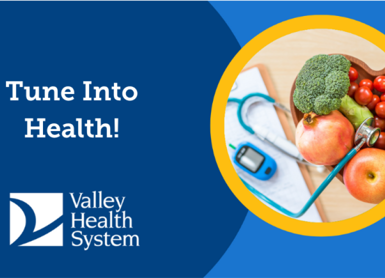 Tune Into Health video thumbnail showing healthy fruits, a stethoscope, and the headline "Tune Into Health!"