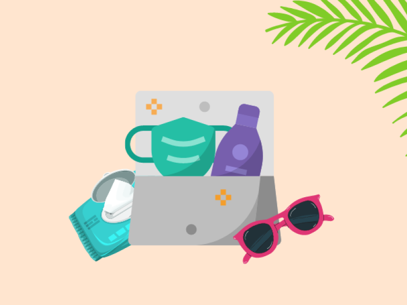 purse with sunscreen, mask, sunglasses, hand wipes