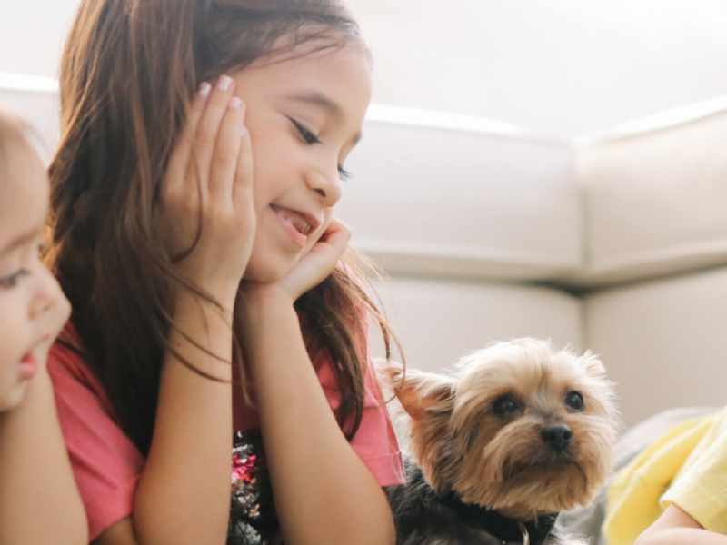 children playing with puppy
